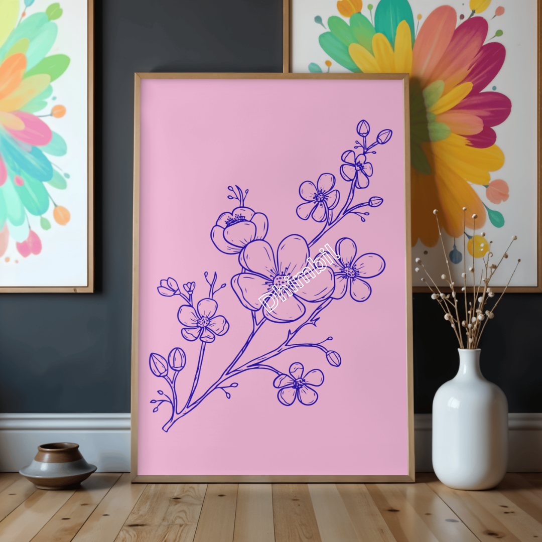 digital download-Pink Cherry Blossom Sketch Floral Art Print (16x20", 4:5 Ratio)